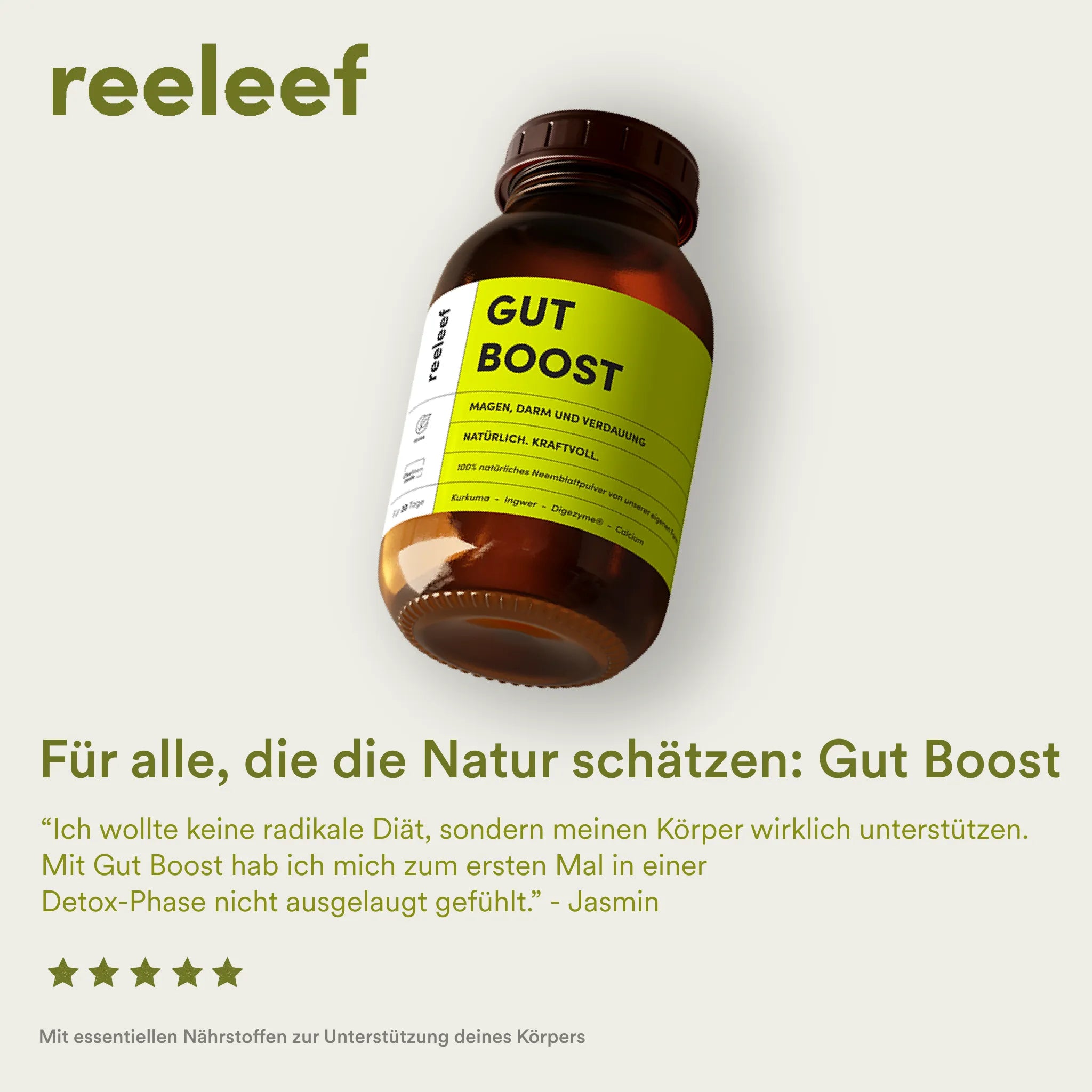 Flasche reeleef Gut Boost. Neem Pulver in Neem Kapseln gepresst zur Diät Unterstützung und Detox