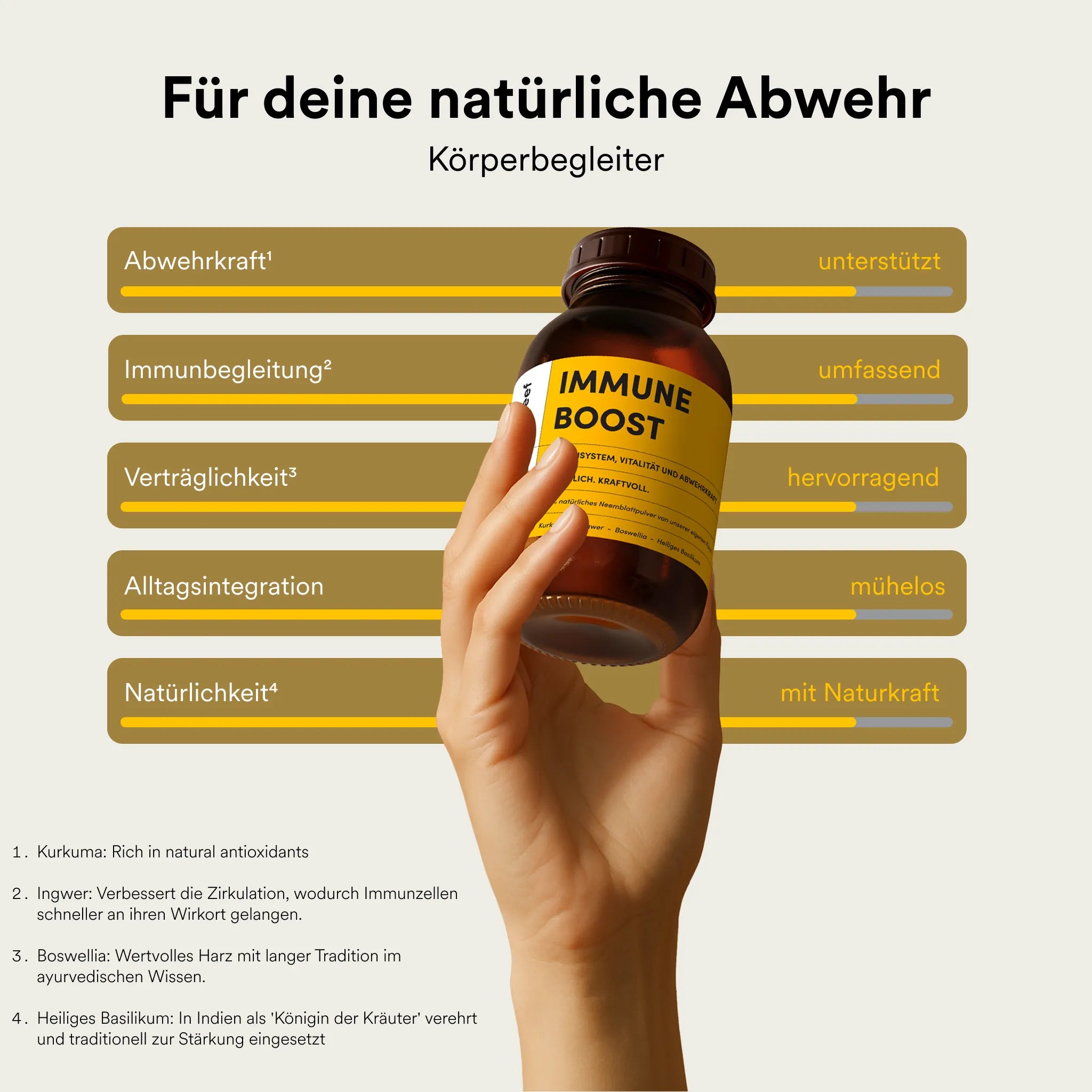 Reeleef Immune Boost Glas mit Kapseln vor dem Glass. Neem Pulver in Neem Kapseln zur Unterstützung des Immune Systems und der Abwehrkräfte