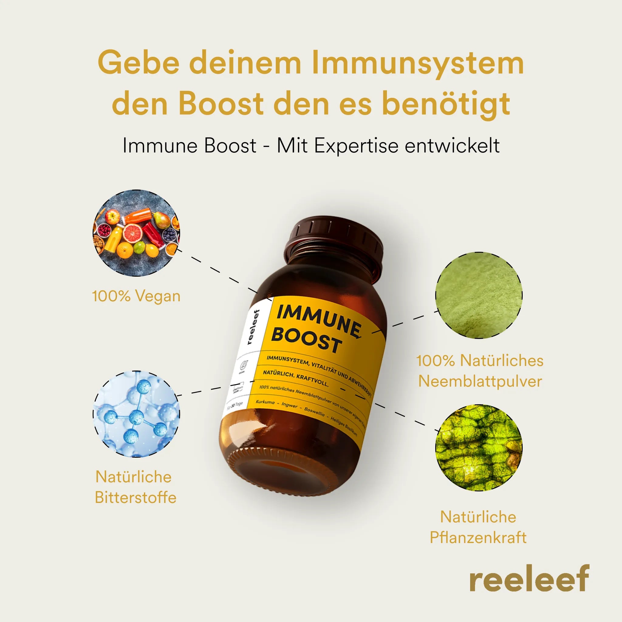 Reeleef Immune Boost Glas mit Kapseln vor dem Glass. Neem Pulver in Neem Kapseln zur Unterstützung des Immune Systems und der Abwehrkräfte