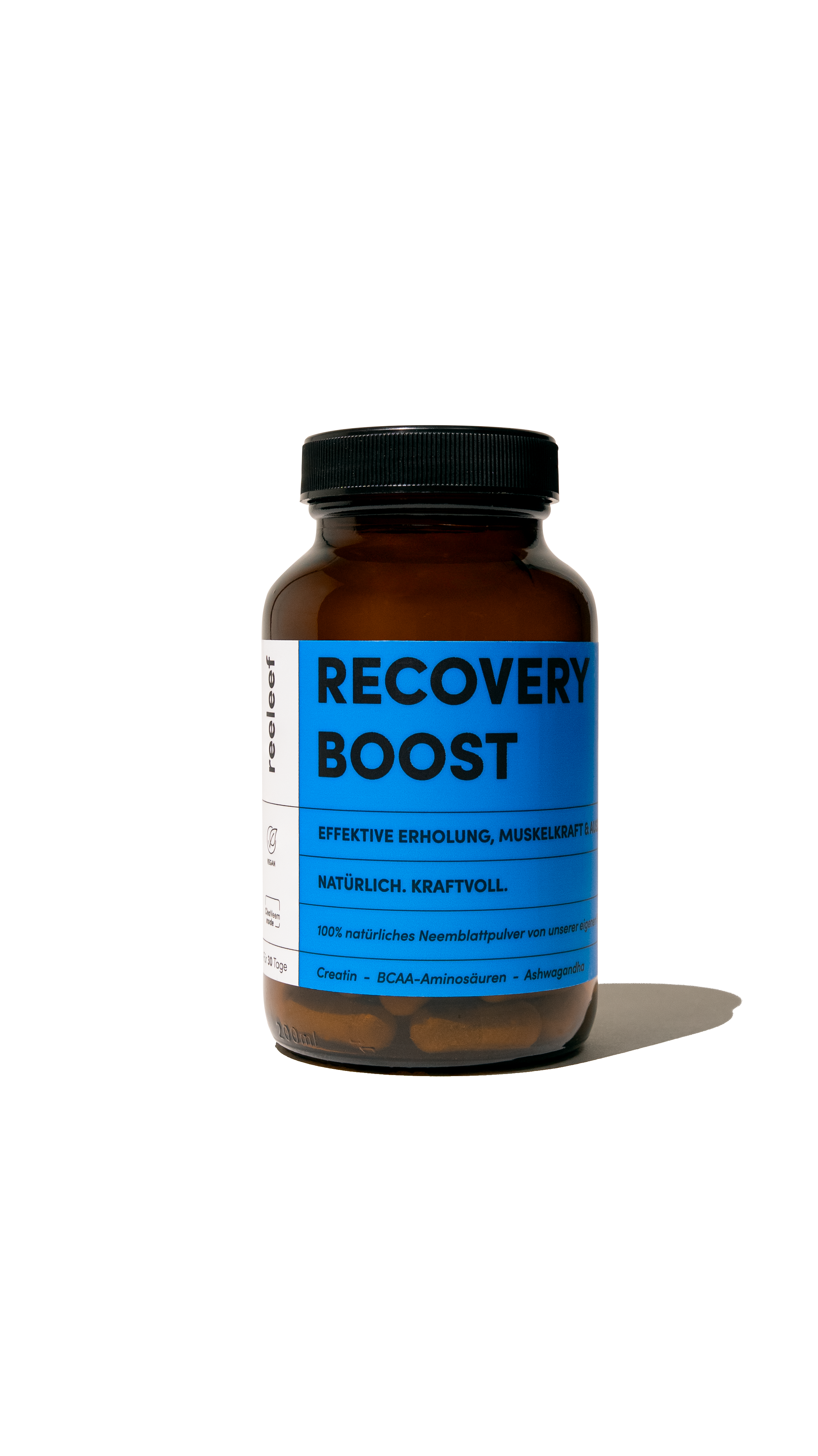 Reeleef Recovery Boost Glas Nahrungsergänzungsmittel. Neem Kapseln mit Neem Pulver für Muskelentspannung und mehr leistung beim Sport mit Kreatin