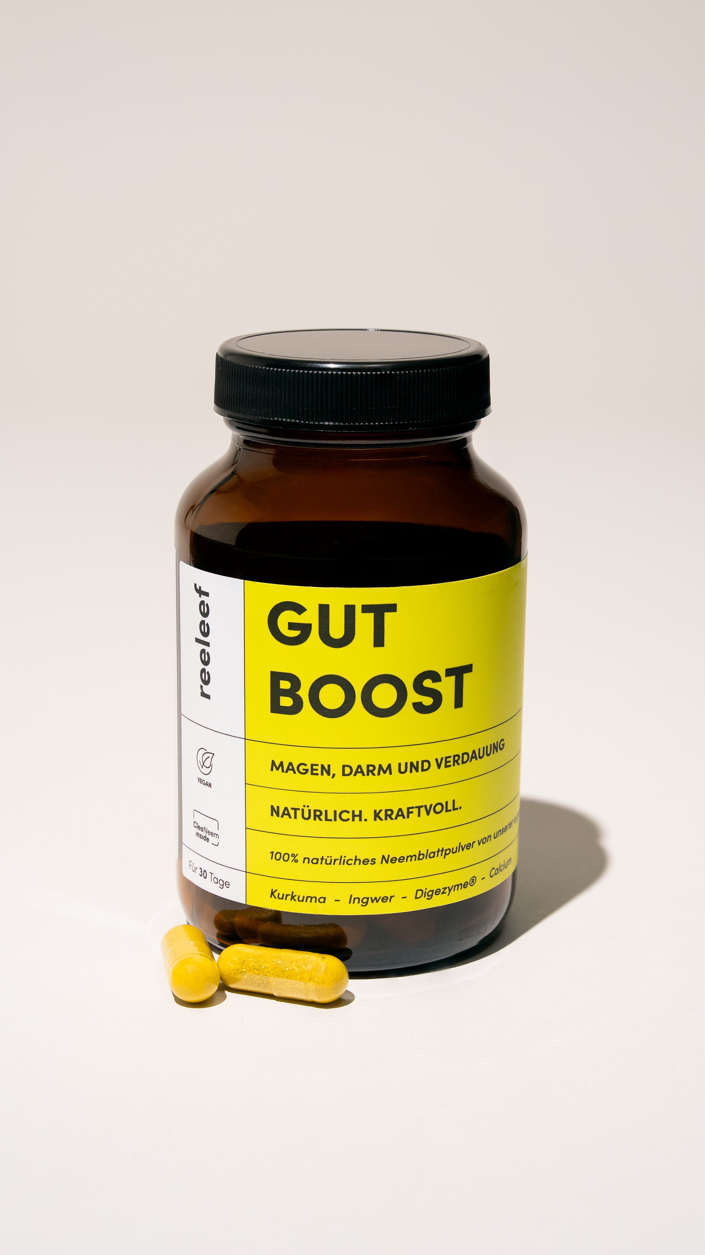Flasche reeleef Gut Boost. Neem Pulver in Neem Kapseln gepresst zur Diät Unterstützung und Detox