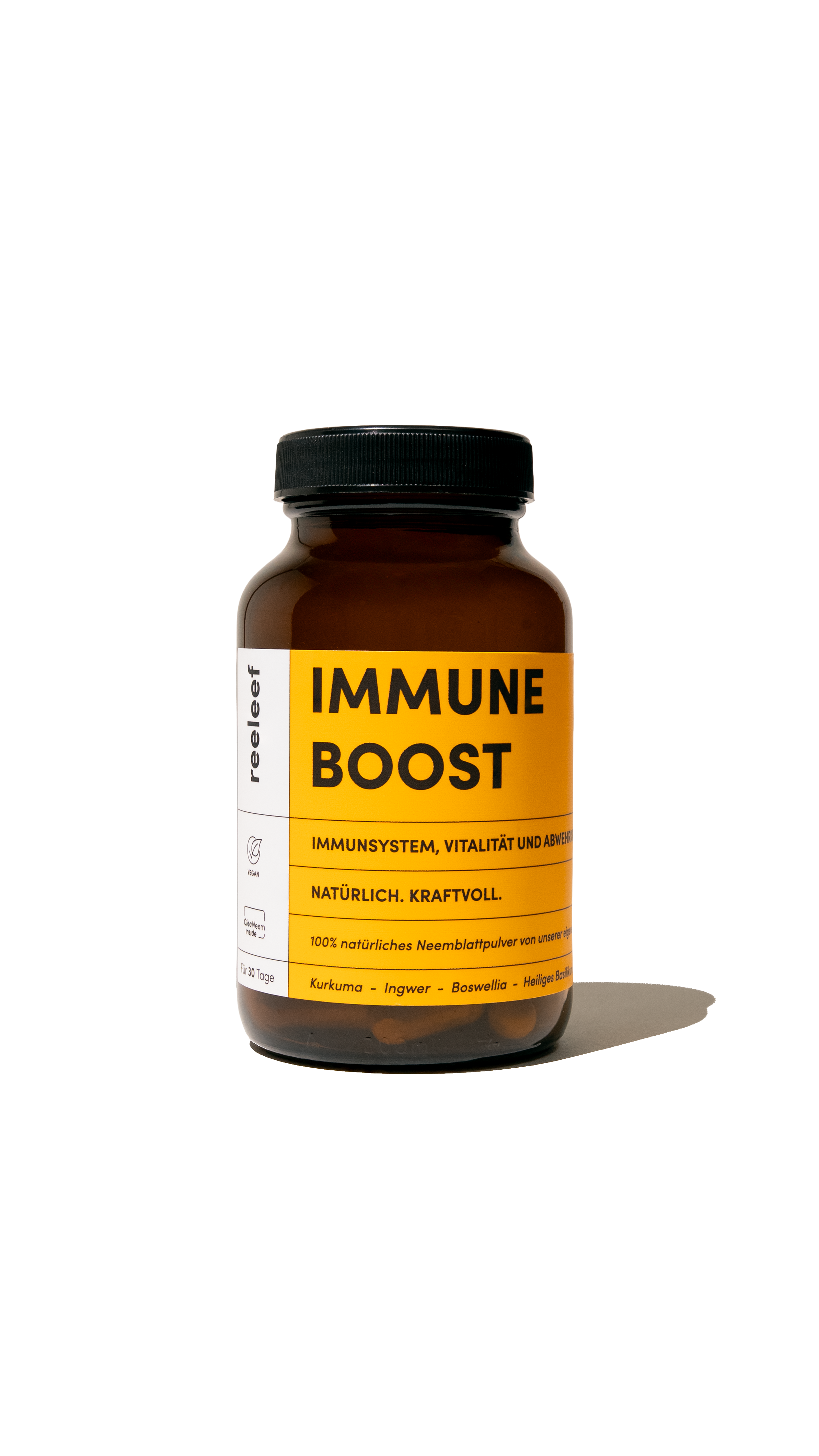 Reeleef Immune Boost Glas. Neem Pulver in Neem Kapseln zur Unterstützung des Immune Systems und der Abwehrkräfte