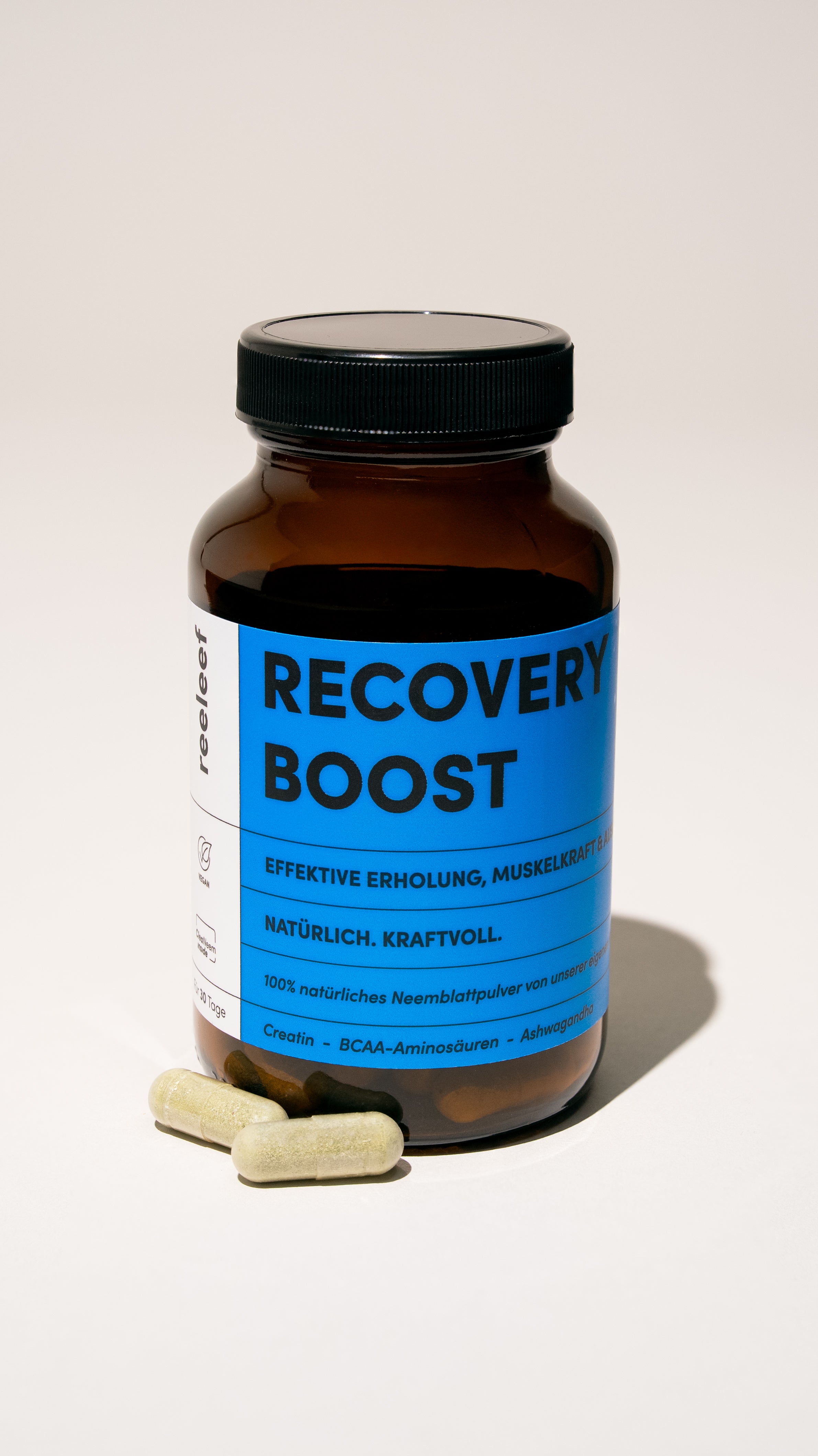 Reeleef Recovery Boost Glas mit Kapseln Nahrungsergänzungsmittel. Neem Kapseln mit Neem Pulver für Muskelentspannung und mehr leistung beim Sport mit Kreatin