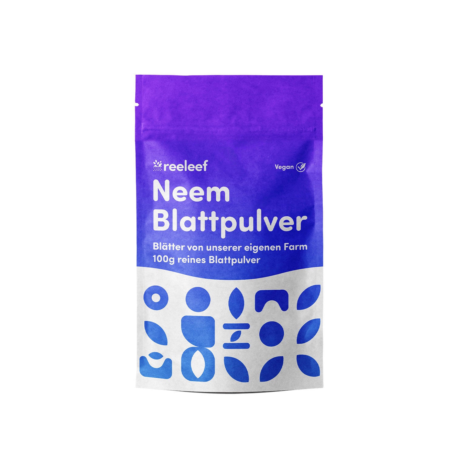 Zu sehen ist die Verpackung und Beschriftung unseres Produkts, dem Neem Pulver in 100gr, in einem elektrischem blau und lila.