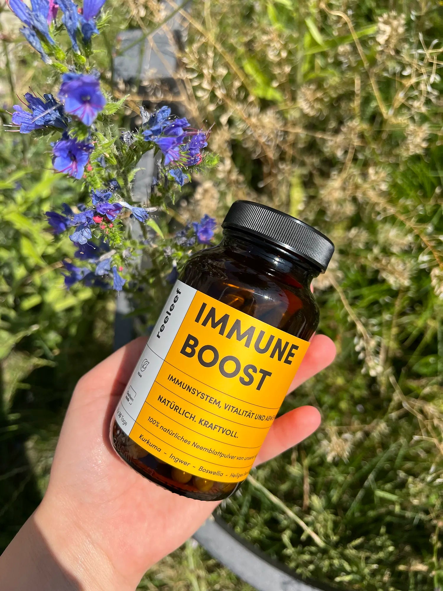 Kunden Bewertung reeleef Immune Boost Neem Kapseln zur stärkund des Immune Systems und innerer Balance mit Neem Pulver gepresst in Neem Kapseln